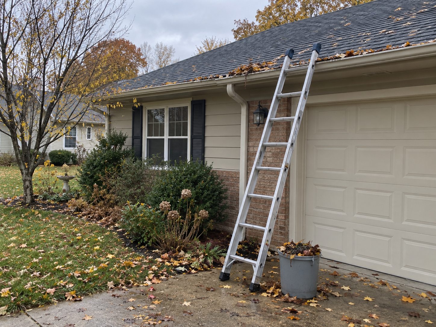 Gutter cleaning setup beside a home